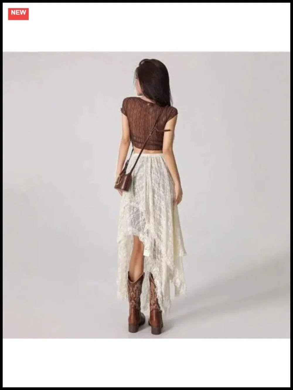 Women's Lace Maxi Skirt Asymmetrical Ruffle Sheer Flowy